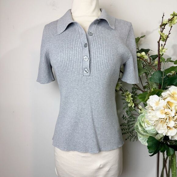 Treasure & Bond Short Sleeve Ribbed Polo Sweater Top Gray | Medium - Picture 1 of 11